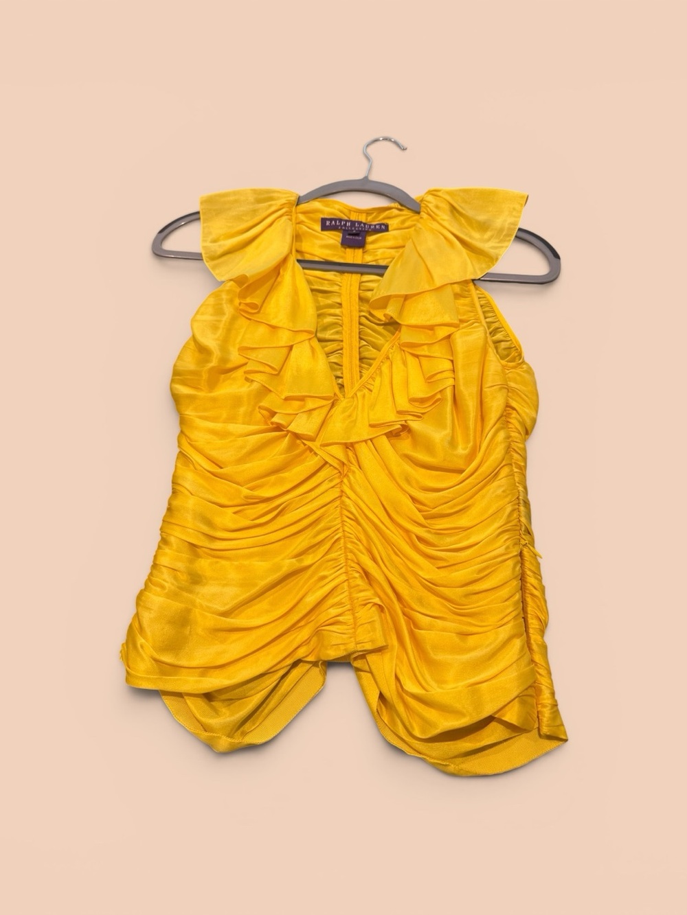 Ralph Lauren Collection Yellow
Silk Ruffle Ruched Blouse Size 6 ( purple label)